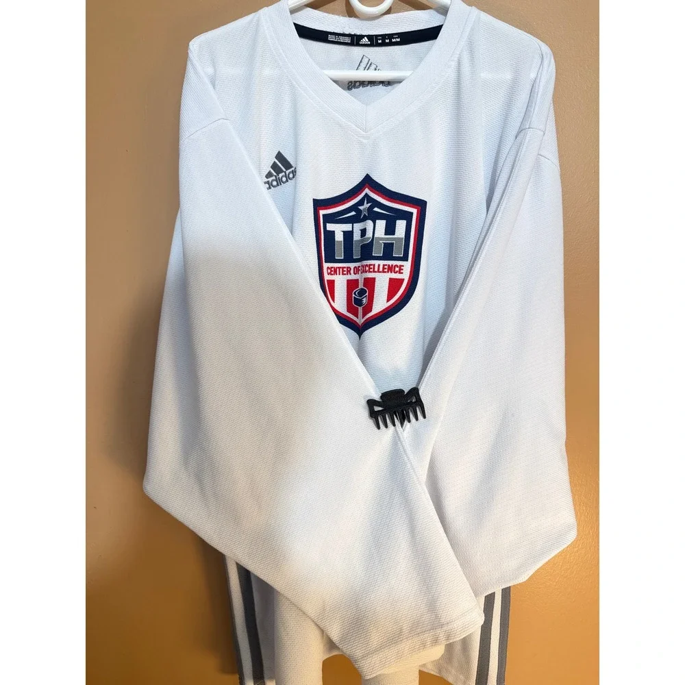 Adidas Center of Excellence Hockey Jersey Mens Medium White Long Sleeve V-Neck